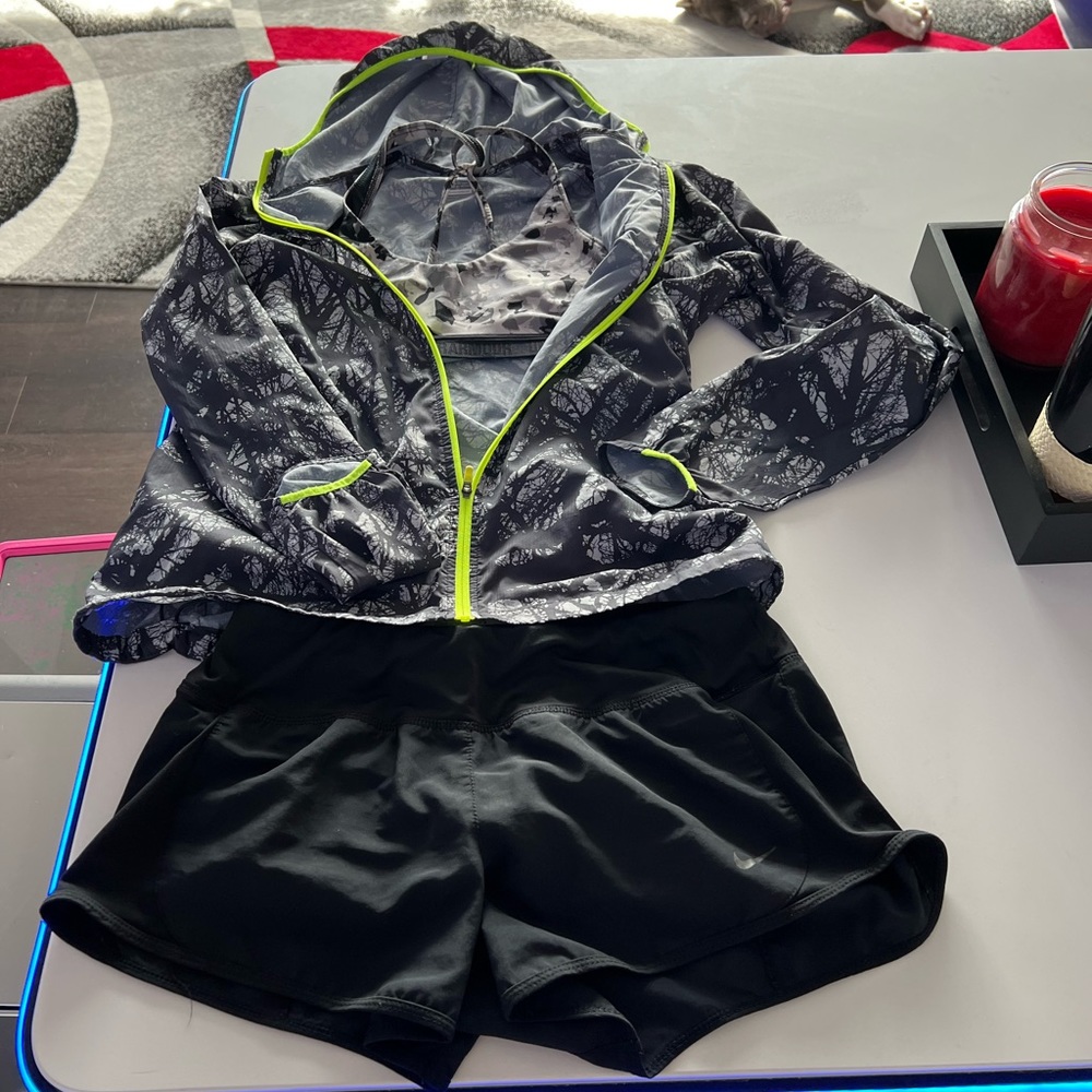 Nike Rain Forrest Running Jacket and Shorts with Under Armour Sports Bra